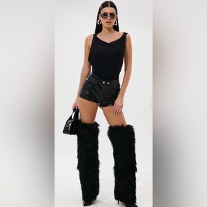 AZALEA WANG Langleye Black Faux Fur Over The Knee Stiletto Boots 6.5